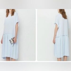 NEW CAARA Lagenlook Oversized Short Sleeve Pleated Light Blue Babydoll dress XS